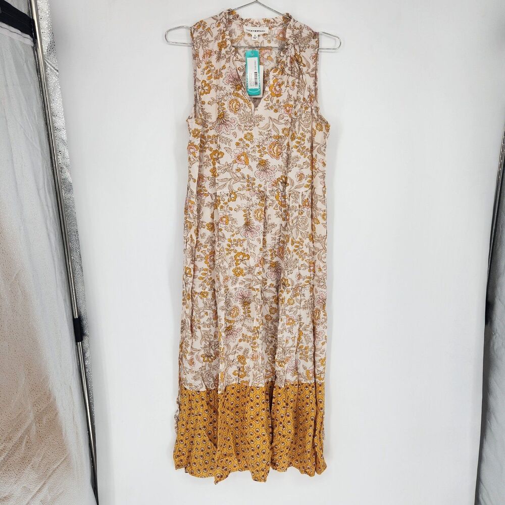 Lucky Brand Women's Small Mustard Floral Brittany Maxi Dress Boho Cottage Rayon
